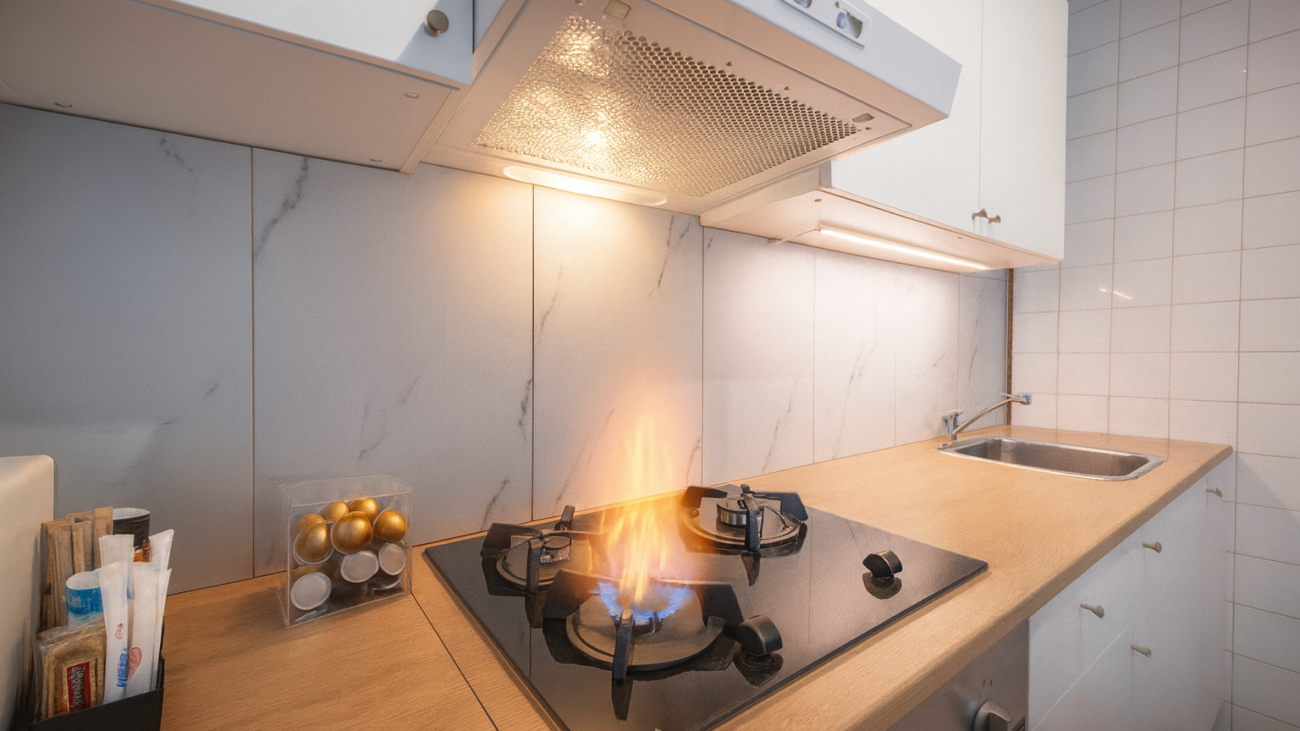 Cocina con horno, microondas, cafetera y menaje completo en apartamento de Valdoviño