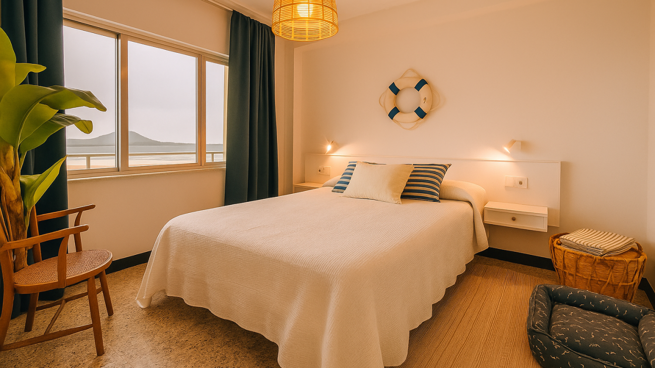 Habitación con cama Queen decoración acogedora en apartamento de Valdoviño