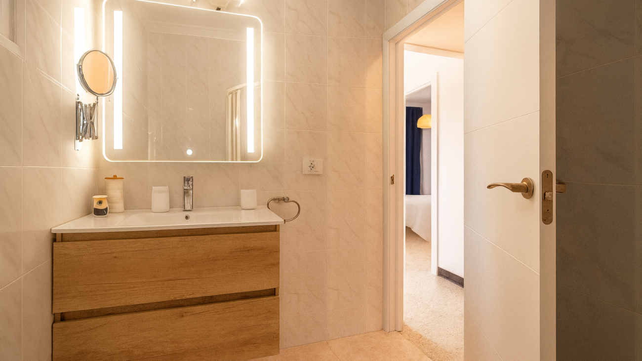 baño amplio con gel y champú de cortesía en piso vacacional cerca de la playa